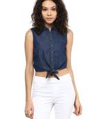 Blue printed viscose rayon crop-tops