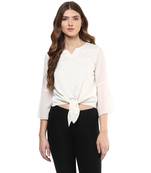 Cream printed polyester crop-tops