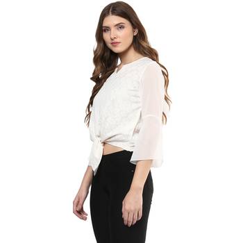 Cream printed polyester crop-tops 3