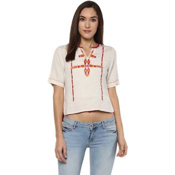 Off white printed viscose rayon crop-tops 1