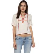 Off white printed viscose rayon crop-tops