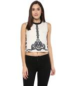 Off white printed viscose rayon crop-tops