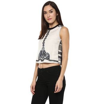 Off white printed viscose rayon crop-tops 2