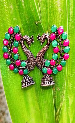 Silver Plated Pink & Green Stone Studded Peacock Earrings 2
