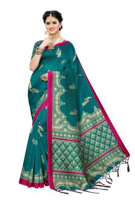 Rama_Green Printed Art Silk Saree With Blouse 1