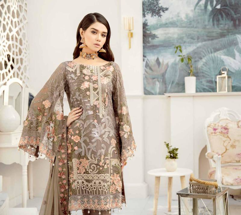 Ramsha Rangoon Volume 5 – Design 509  dark-cream embroidered lawn unstitched pakistani suit