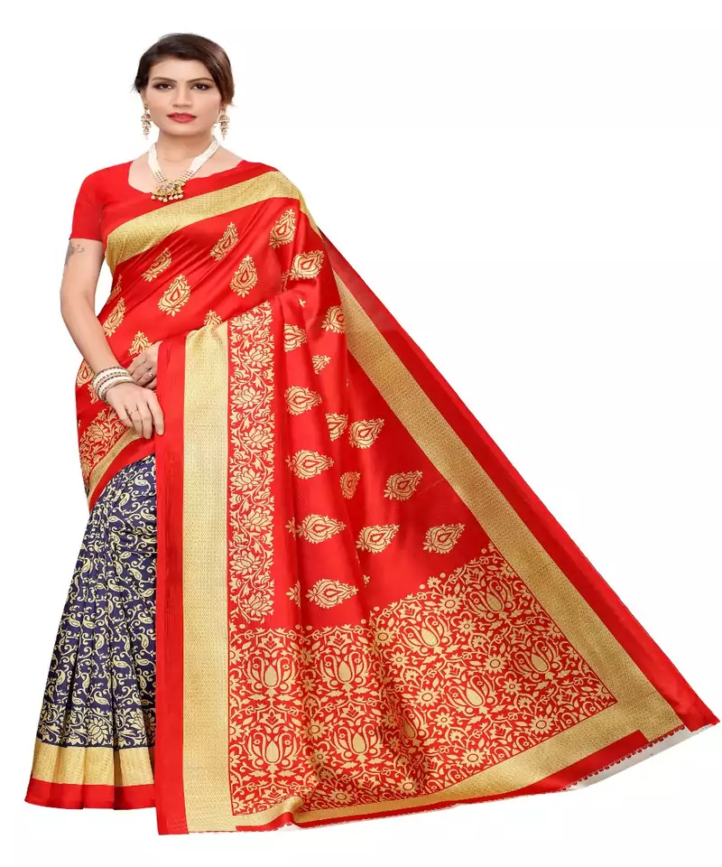 Navy Blue Printed Art Silk Saree With Blouse
