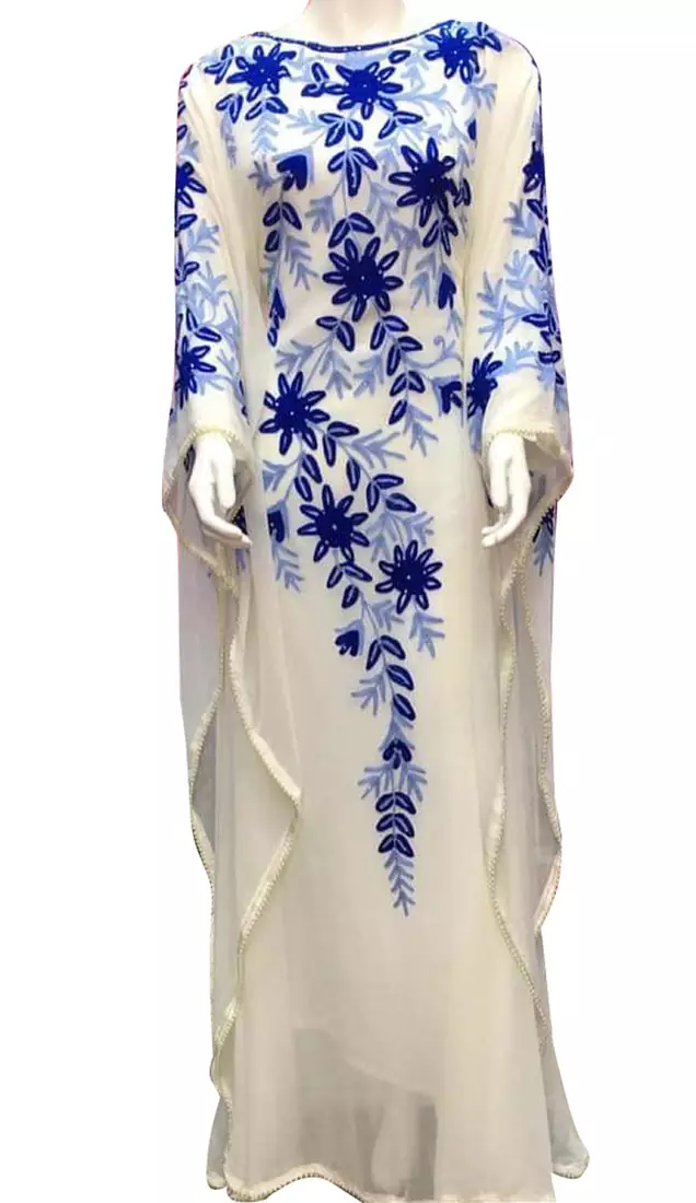 white georgette moroccan islamic dubai kaftan farasha aari and stone work dress