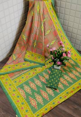 Green Printed tredtional daily wear sana silk Saree with Blouse 1