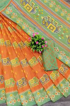 Orange Printed tredtional daily wear sana silk Saree with Blouse