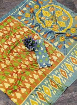 Sky Blue Printed Silk Saree With Blouse 1
