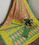 Peach Printed tredtional daily wear sana silk Saree with Blouse