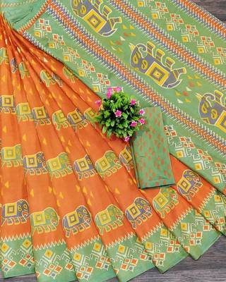 Orange Printed tredtional daily wear sana silk Saree with Blouse 1