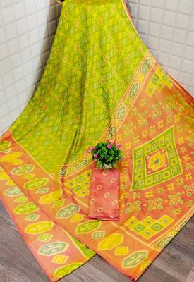 Light parrot green printed silk saree with blouse 1