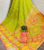 Light parrot green printed silk saree with blouse