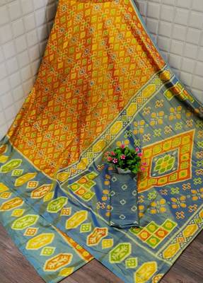 Orange printed silk saree with blouse 1