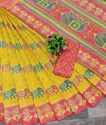 Yellow printed silk saree with blouse 1