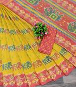 Yellow printed silk saree with blouse