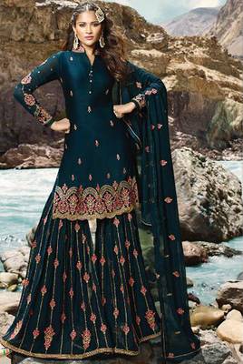 Dark-turquoise embroidered faux georgette salwar 1