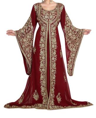red georgette moroccan islamic dubai kaftan farasha aari and stone work dress 2