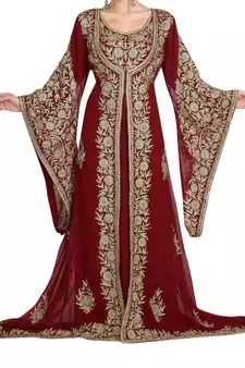 red georgette moroccan islamic dubai kaftan farasha aari and stone work dress