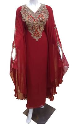 red georgette moroccan islamic dubai kaftan farasha zari and stone work dress 1