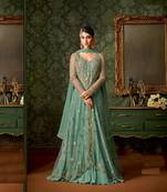 Firozi embroidered net semi stitched salwar with dupatta