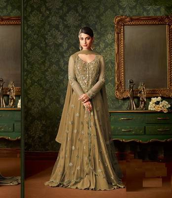 mustard embroidered net semi stitched salwar with dupatta 1