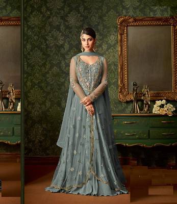 Gray embroidered net semi stitched salwar with dupatta 1