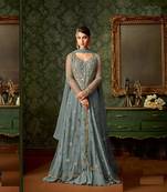 Gray embroidered net semi stitched salwar with dupatta