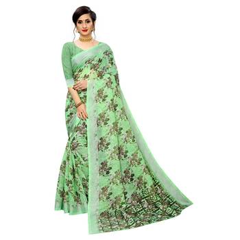 Parrot green printed linen saree with blouse 1
