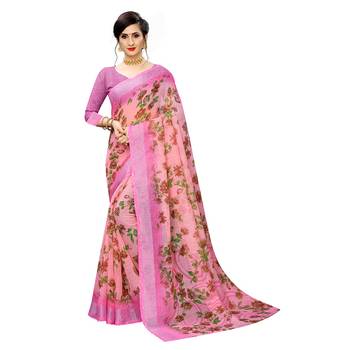 Pink printed linen saree with blouse 1