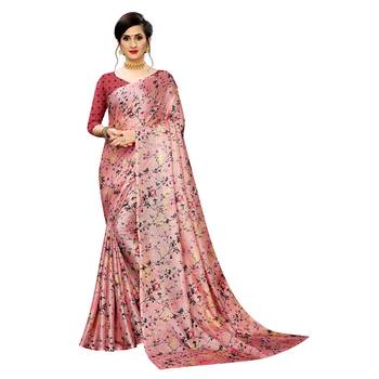 Peach printed linen saree with blouse 1