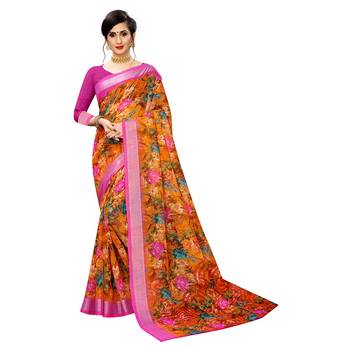 Orange Printed Linen Saree With Blouse 1