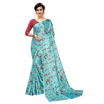 Sky Blue Printed Linen Saree With Blouse 1