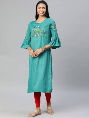 Turquoise embroidered rayon ethnic-kurtis 1