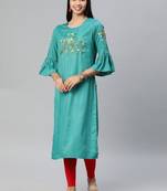 Turquoise embroidered rayon ethnic-kurtis