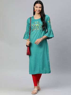 Turquoise embroidered rayon ethnic-kurtis 2