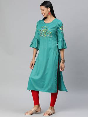 Turquoise embroidered rayon ethnic-kurtis 3