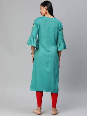Turquoise embroidered rayon ethnic-kurtis 4