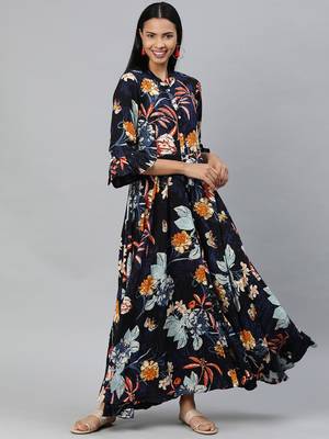 Blue printed rayon long-kurtis 1