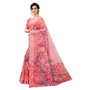 Peach Printed Linen Saree With Blouse 1