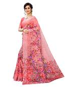 Peach Printed Linen Saree With Blouse