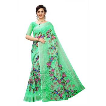 Teal Printed Linen Saree With Blouse 1