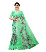 Teal Printed Linen Saree With Blouse