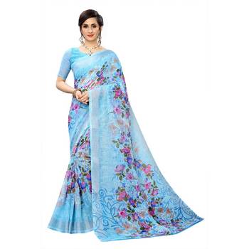 Sky Blue Printed Linen Saree With Blouse 1