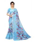 Sky Blue Printed Linen Saree With Blouse