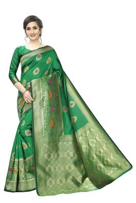 Green woven banarasi silk saree with blouse 1