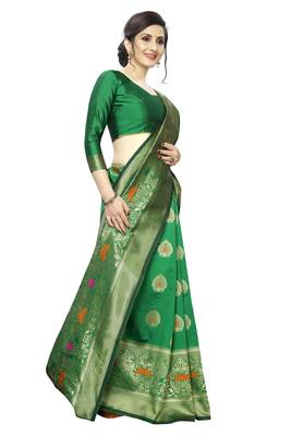 Green woven banarasi silk saree with blouse 2