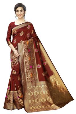 Maroon woven banarasi silk saree with blouse 1